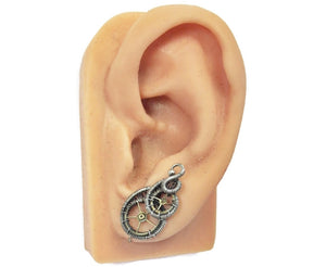 Sterling Silver Steampunk Ear Pins with Brass Watch Gears; "Rolling Wave" Model - Heather Jordan Jewelry