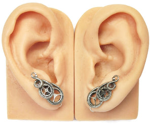 Sterling Silver Steampunk Ear Pins; "Rolling Wave" Model - Heather Jordan Jewelry