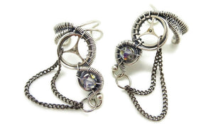 Sterling Silver Steampunk Ear Cuffs with Chain and Swarovski Crystal