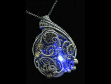 Load image into Gallery viewer, Blue LED Nixie Tube Pendant with Upcycled Electronic and Watch Parts, Steampunk/Cyberpunk Fusion