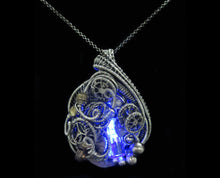 Load image into Gallery viewer, Blue LED Nixie Tube Pendant with Upcycled Electronic and Watch Parts, Steampunk/Cyberpunk Fusion