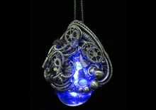 Load image into Gallery viewer, Blue LED Nixie Tube Pendant with Upcycled Electronic and Watch Parts, Steampunk/Cyberpunk Fusion