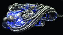 Load image into Gallery viewer, Blue LED Nixie Tube Pendant with Upcycled Electronic and Watch Parts, Steampunk/Cyberpunk Fusion