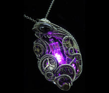 Load image into Gallery viewer, Pink LED Nixie Tube Pendant with Upcycled Electronic and Watch Parts, Steampunk/Cyberpunk Fusion