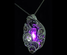 Load image into Gallery viewer, Pink LED Nixie Tube Pendant with Upcycled Electronic and Watch Parts, Steampunk/Cyberpunk Fusion