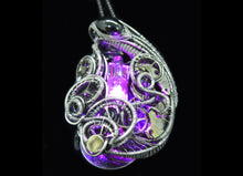 Load image into Gallery viewer, Pink LED Nixie Tube Pendant with Upcycled Electronic and Watch Parts, Steampunk/Cyberpunk Fusion