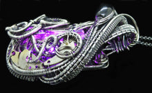 Load image into Gallery viewer, Pink LED Nixie Tube Pendant with Upcycled Electronic and Watch Parts, Steampunk/Cyberpunk Fusion