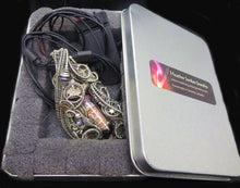 Load image into Gallery viewer, Cyberpunk Nixie Tube Necklace with Upcycled Electronic and Watch Parts, Blue & Orange LED