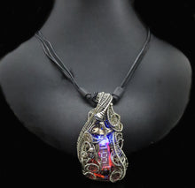 Load image into Gallery viewer, Cyberpunk Nixie Tube Necklace with Upcycled Electronic and Watch Parts, Blue & Orange LED