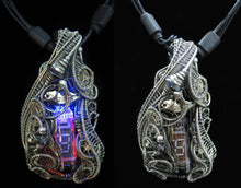Load image into Gallery viewer, Cyberpunk Nixie Tube Necklace with Upcycled Electronic and Watch Parts, Blue & Orange LED