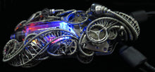 Load image into Gallery viewer, Cyberpunk Nixie Tube Necklace with Upcycled Electronic and Watch Parts, Blue & Orange LED
