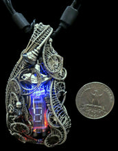 Load image into Gallery viewer, Cyberpunk Nixie Tube Necklace with Upcycled Electronic and Watch Parts, Blue & Orange LED