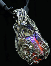 Load image into Gallery viewer, Cyberpunk Nixie Tube Necklace with Upcycled Electronic and Watch Parts, Blue & Orange LED