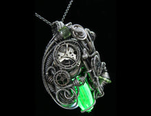 Load image into Gallery viewer, Uranium Glass Pendant with Upcycled Electronic and Watch Parts, Steampunk/Cyberpunk Fusion UV LED