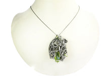 Load image into Gallery viewer, Uranium Glass Pendant with Upcycled Electronic and Watch Parts, Steampunk/Cyberpunk Fusion UV LED