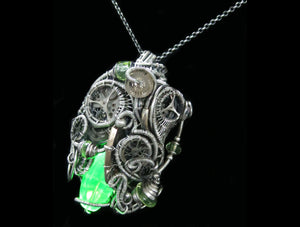Uranium Glass Pendant with Upcycled Electronic and Watch Parts, Steampunk/Cyberpunk Fusion UV LED