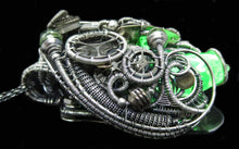 Load image into Gallery viewer, Uranium Glass Pendant with Upcycled Electronic and Watch Parts, Steampunk/Cyberpunk Fusion UV LED
