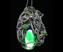 Load image into Gallery viewer, Uranium Glass Pendant with Upcycled Electronic and Watch Parts, Steampunk/Cyberpunk Fusion UV LED