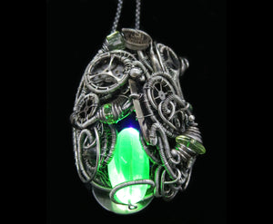 Uranium Glass Pendant with Upcycled Electronic and Watch Parts, Steampunk/Cyberpunk Fusion UV LED