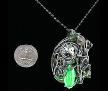 Load image into Gallery viewer, Uranium Glass Pendant with Upcycled Electronic and Watch Parts, Steampunk/Cyberpunk Fusion UV LED
