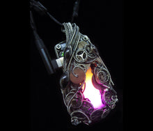 Load image into Gallery viewer, Sunrise-Sunset Steampunk/Cyberpunk Fusion Necklace in Sterling Silver with Upcycled Watch Parts & LEDs