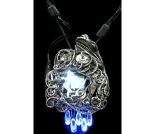 Load image into Gallery viewer, Thunderstorm Necklace with Upcycled Electronic and Watch Parts, Steampunk/Cyberpunk Fusion, LEDs