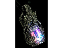 Load image into Gallery viewer, Rainbow U-Flashbulb Necklace with Upcycled Electronic and Watch Parts, Steampunk/Cyberpunk Fusion LED