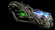 Load image into Gallery viewer, Rainbow U-Flashbulb Necklace with Upcycled Electronic and Watch Parts, Steampunk/Cyberpunk Fusion LED