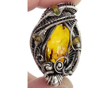 Load image into Gallery viewer, Baltic Amber Pendant with Ethiopian Opals and Two Mosquitos, Wire-Wrapped Sterling Silver Necklace