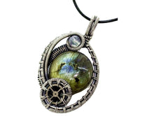 Load image into Gallery viewer, Labradorite Woven Circle Steampunk Pendant in Sterling Silver with Rainbow Moonstone