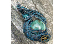 Load image into Gallery viewer, Steampunk Verdigris Hemo Jasper Necklace w Malachite/Azurite, Bronze Wire Wrap