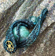 Load image into Gallery viewer, Steampunk Verdigris Hemo Jasper Pendant, Wire-Wrapped in Brass with Green Apatite