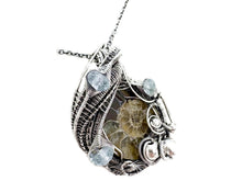 Load image into Gallery viewer, Ammonite Fossil Pendant with Aquamarine: Sterling Silver Wire Wrapped Shell Necklace - Heather Jordan Jewelry