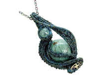 Load image into Gallery viewer, Steampunk Verdigris Hemo Jasper Pendant, Wire-Wrapped in Brass with Green Apatite