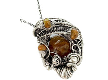 Load image into Gallery viewer, Spessartine Garnet and Ethiopian Welo Opal Pendant: Sterling Silver Wire Wrap
