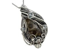 Load image into Gallery viewer, Petoskey Stone and Aquamarine Necklace - Sterling Silver Wire Wrapped Michigan Fossil Pendant - Heather Jordan Jewelry