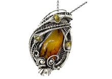 Load image into Gallery viewer, Baltic Amber Pendant with Ethiopian Opals and Two Mosquitos, Wire-Wrapped Sterling Silver Necklace