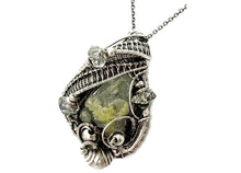 Load image into Gallery viewer, UV-Fluorescent Zincite Druzy Pendant: Sterling Silver Wire-Wrap with Herkimer Diamonds