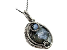 Load image into Gallery viewer, Larvikite Wire-Wrapped Pendant in Sterling Silver with Swarovski Crystal, "Mini-Woven Circle" Model
