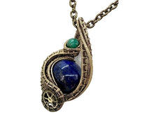Load image into Gallery viewer, Steampunk Lapis Lazuli Pendant, Wire-Wrapped in Brass with Turquoise