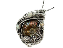 Load image into Gallery viewer, Opalized Ammonite Fossil Pendant: Sterling Silver Wire Wrap with Ethiopian Opals