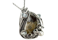 Load image into Gallery viewer, Ammonite Fossil Pendant: Sterling Silver Wire Wrapped Shell Necklace with Aquamarine - Heather Jordan Jewelry