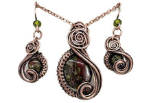 Load image into Gallery viewer, Dragon Bloodstone Wire-Wrapped Jewelry Set: Bronze Necklace &amp; Earrings with Swarovski Crystal Swish Design - Heather Jordan Jewelry