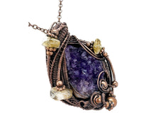 Load image into Gallery viewer, Amethyst Druzy Pendant with Citrine Nuggets: Copper Wire-Wrapped Geode Jewelry - Heather Jordan Jewelry