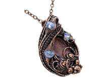 Load image into Gallery viewer, Rhodonite Wire Wrapped Pendant in Bronze with Rainbow Moonstone - Heather Jordan Jewelry