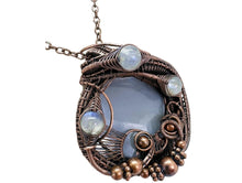 Load image into Gallery viewer, Blue Agate Slice Pendant with Rainbow Moonstone, Bronze Wire Wrap - Heather Jordan Jewelry