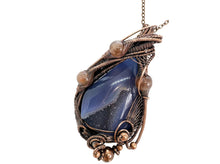Load image into Gallery viewer, HUGE Blue Geode Pendant with Sunstone: Copper Wire-Wrapped Druzy Jewelry