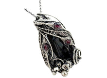 Load image into Gallery viewer, Twinned Vivianite Crystal Pendant with Watch Gears and Rhodolite Garnet : Sterling Silver Wire-Wrap, Gothic Crystal Jewelry