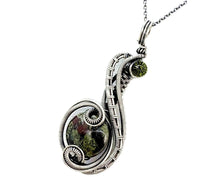 Load image into Gallery viewer, Dragon Bloodstone Pendant with Swarovski Crystal, Sterling Silver Wire Wrap