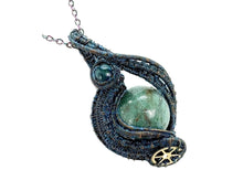 Load image into Gallery viewer, Steampunk Verdigris Hemo Jasper Necklace w Malachite/Azurite, Bronze Wire Wrap